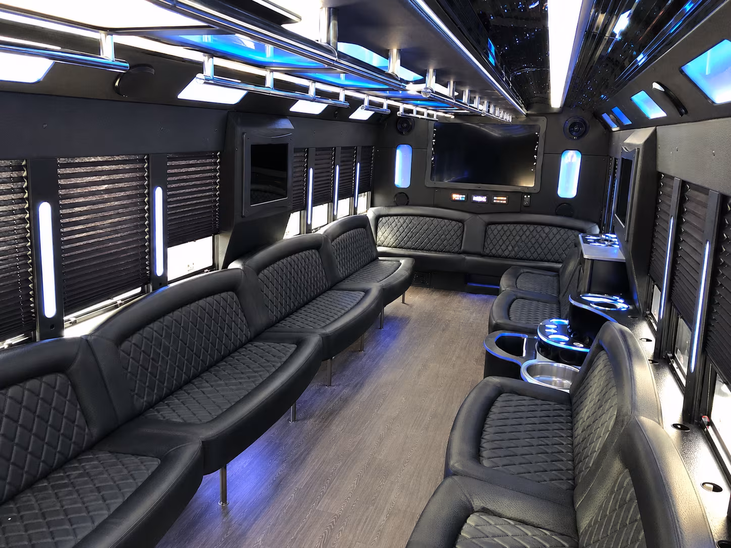 Wedding guests seated inside a party bus serving El Monte
