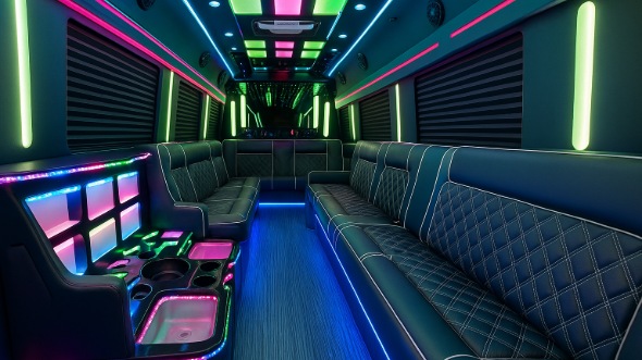 Interior of Charter Bus Company Monterey Park's 50 Passenger Party Bus in Monterey Park